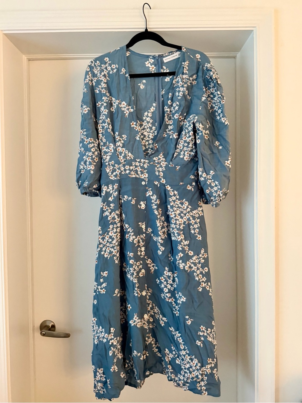Faithfull the Brand Blue Floral Puff-Sleeve Midi Dress